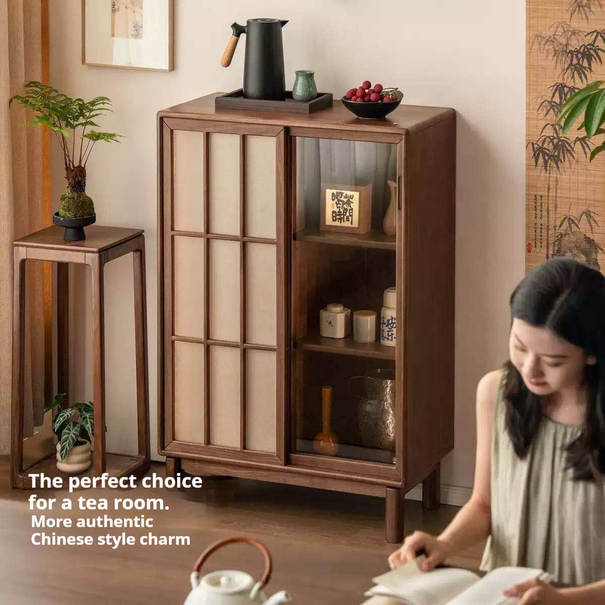 Black Walnut Solid Wood Side Cabinet with Elegant Display and Storage Design