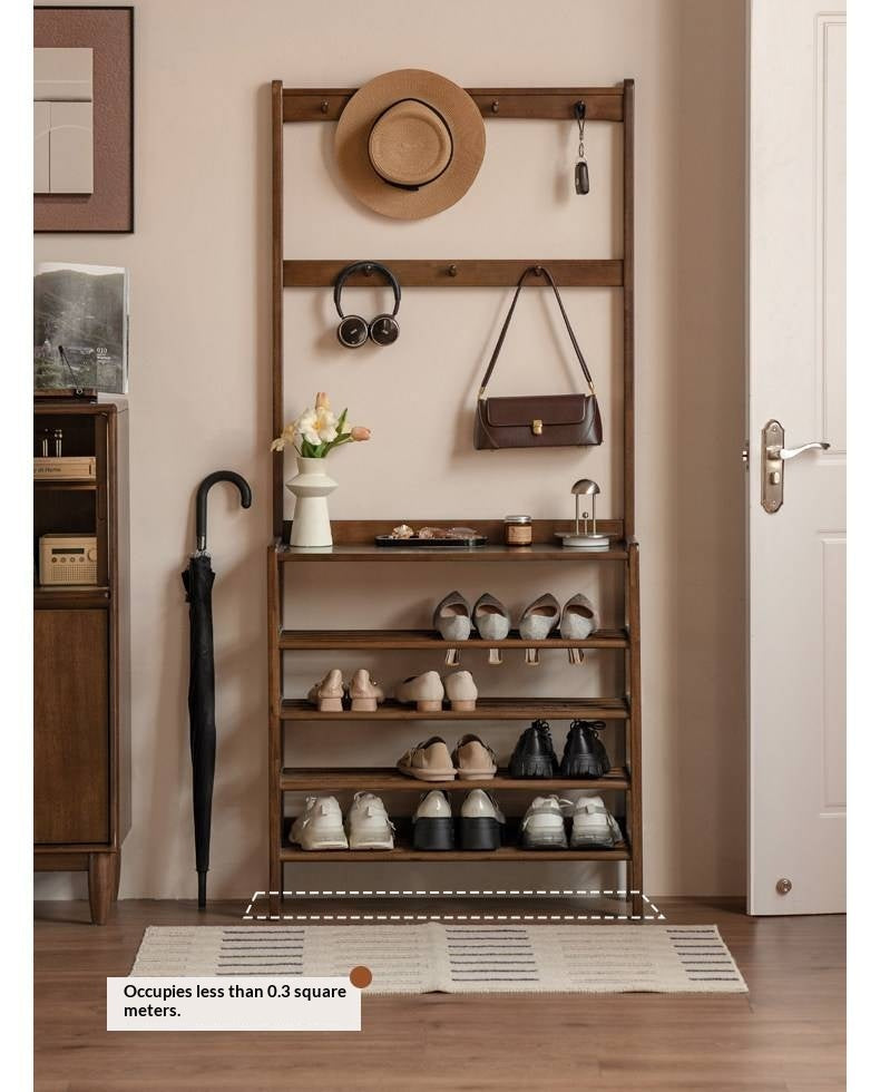Solid RubberWood Modern Entryway Shoe Rack with Top Shelf and Hooks
