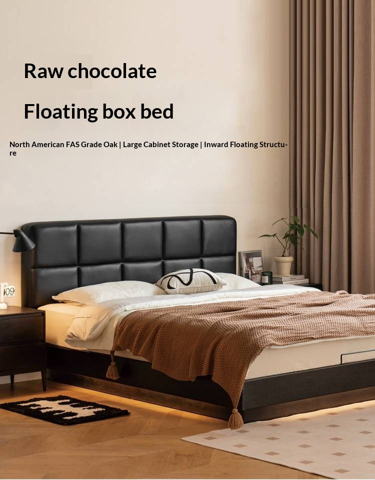 Oak Solid Wood Genuine Leather Upholstered Box Bed Retro Black Floating Bed