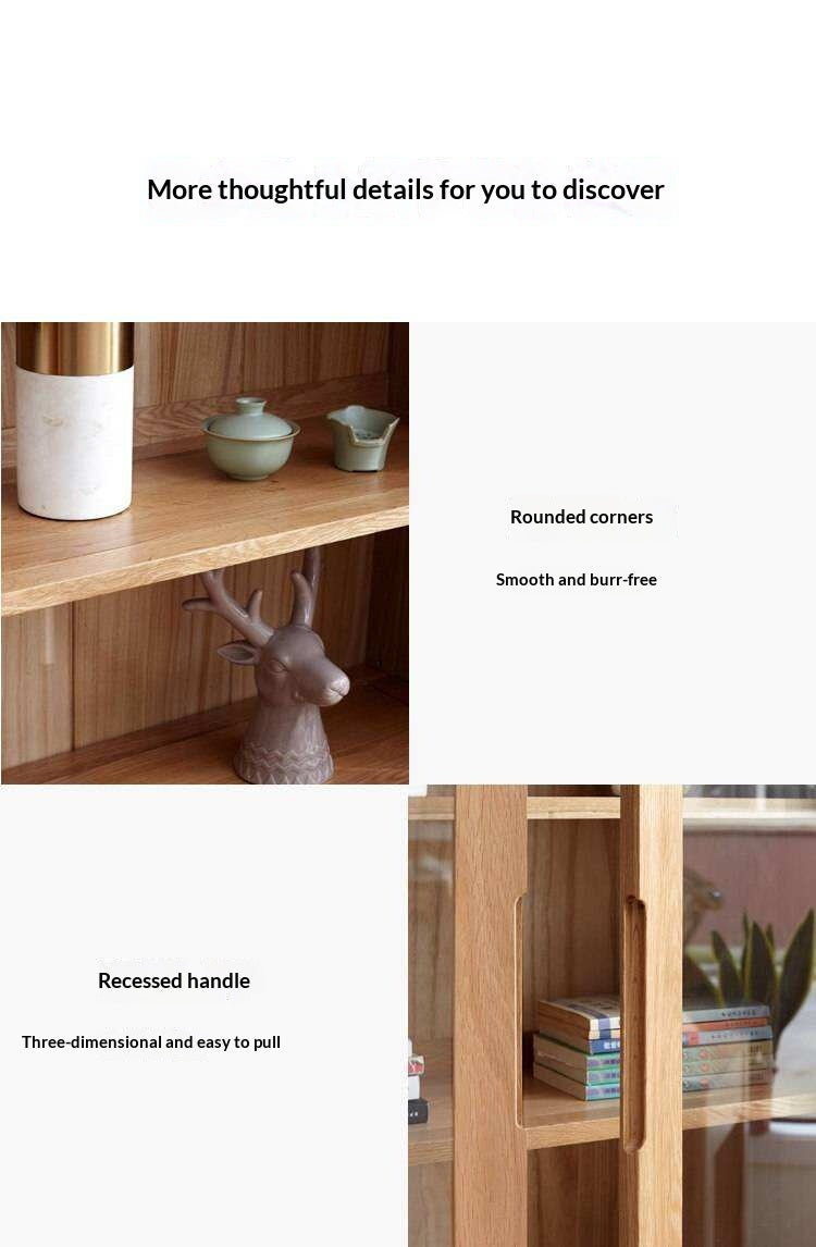 Oak, Solid Rubberwood Modern Bookcase with Glass Door Display Cabinet