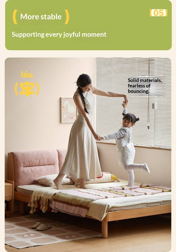 Beech Solid Wood Adjustable Height Kids Bed with Upholstered Segmented Headboard