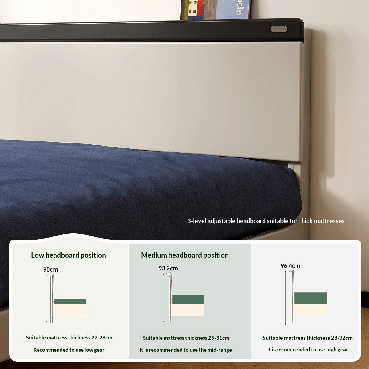 Rubberwood Solid Wood Bauhaus Platform Bed with Adjustable Headboard and Stainless Steel Legs