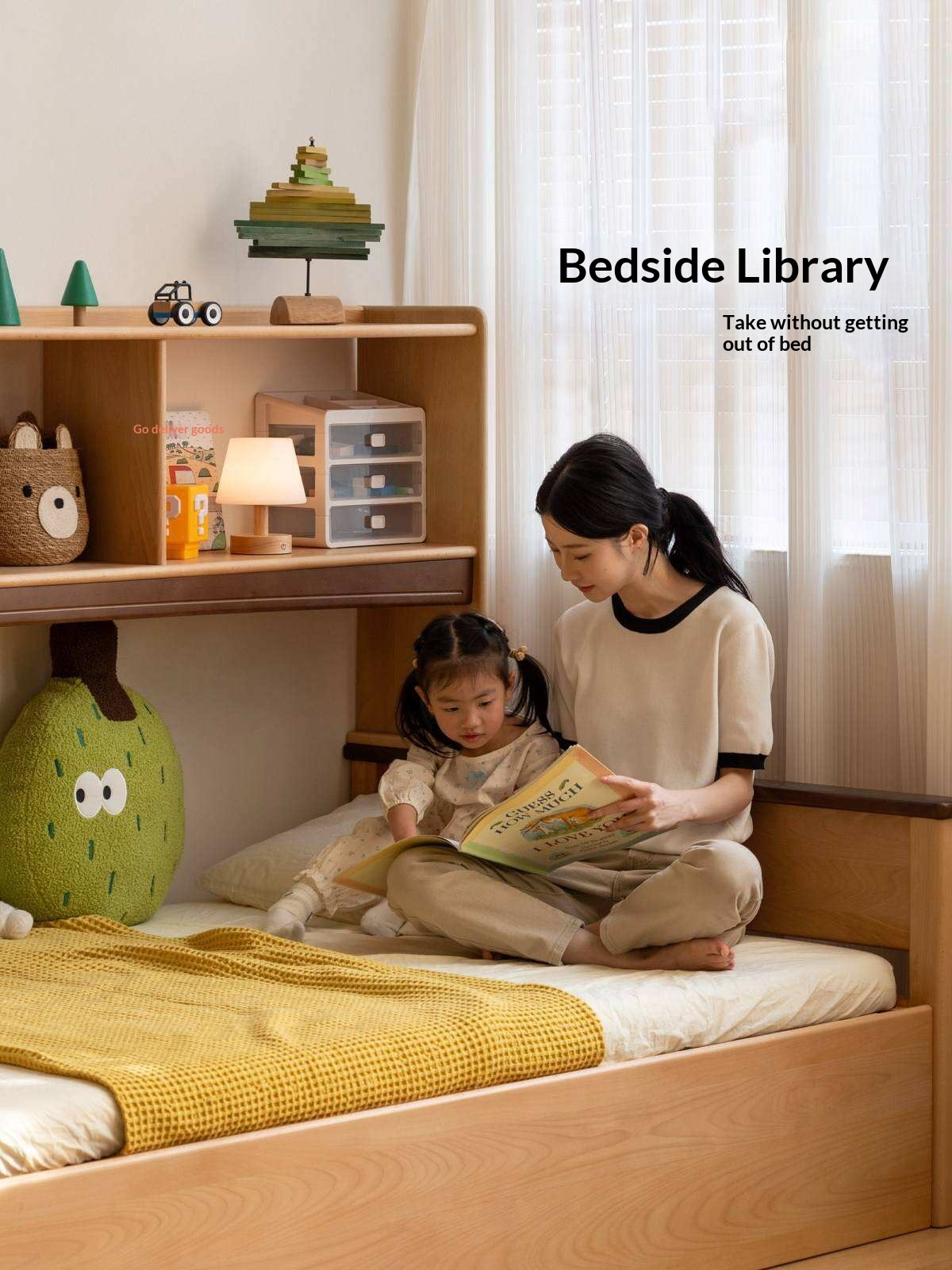 Beech Solid Wood Kids Bed with Bookcase Headboard and Pull-Out Trundle