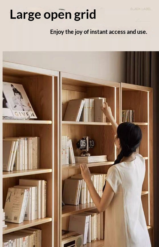 White Oak Solid Wood Bookcase and Display Cabinet with Glass Doors and Built-In Lights