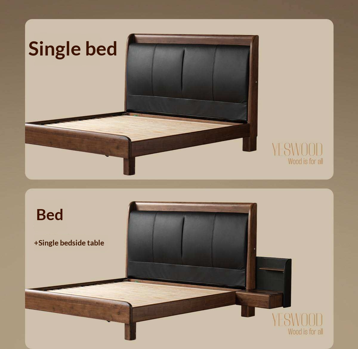 Black Walnut Solid Wood Genuine Leather Curved Leather Bed with Floating Base and LED Lighting