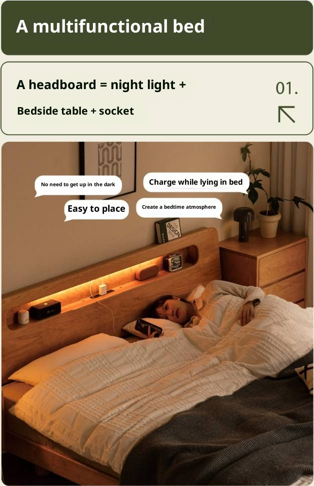 Cherry Solid Wood Retro with Socket Night Light Bed