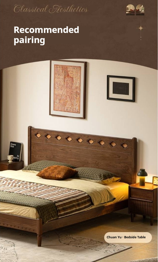 Black Walnut Solid Wood Mid-Century Classic Bed with Cherry Accent Headboard