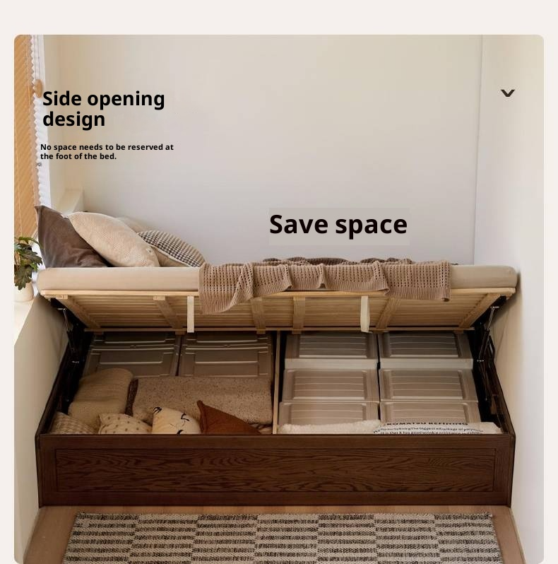Oak, Rubberwood Solid Wood Platform Box Bed, Headboard-Free Bed Modern Minimalist