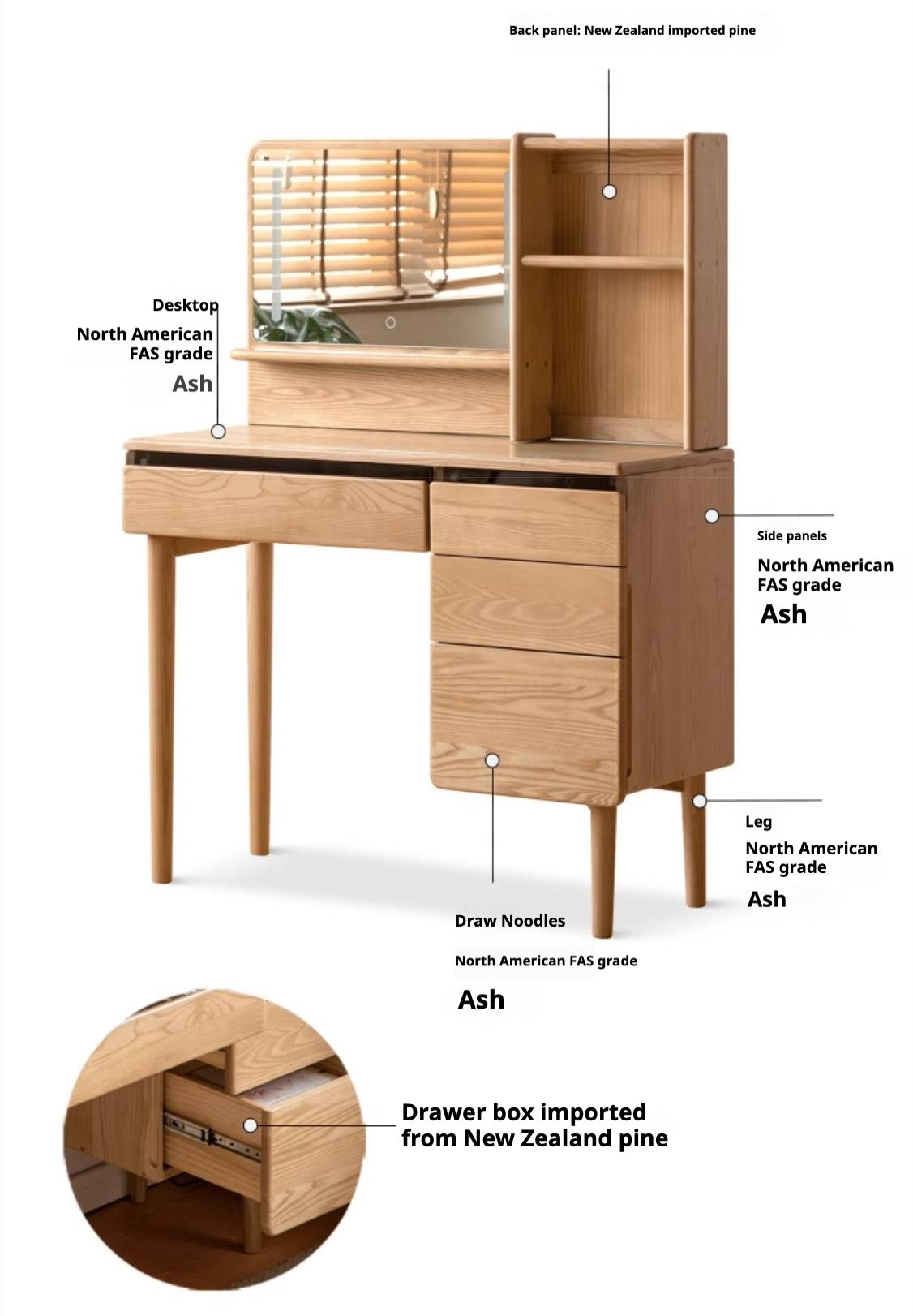 Ash, Oak Solid Wood Multifunctional Modern Vanity Table.