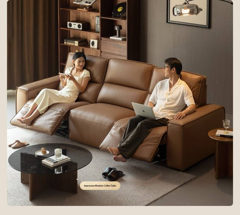 Genuine Leather Power Reclining Sofa with Adjustable Headrests and USB Charging