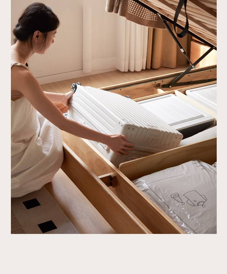 Oak Solid Wood Bed — Modern Minimalist Slab Box Design