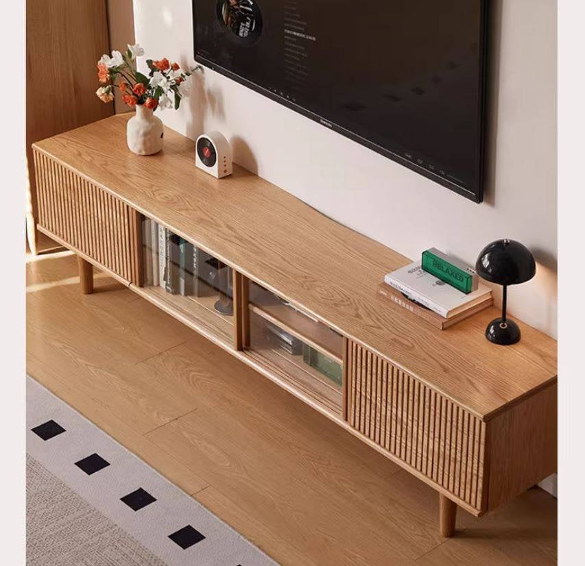 Oak Solid Wood Wall-Mounted TV Stand with Modern Minimalist Storage.