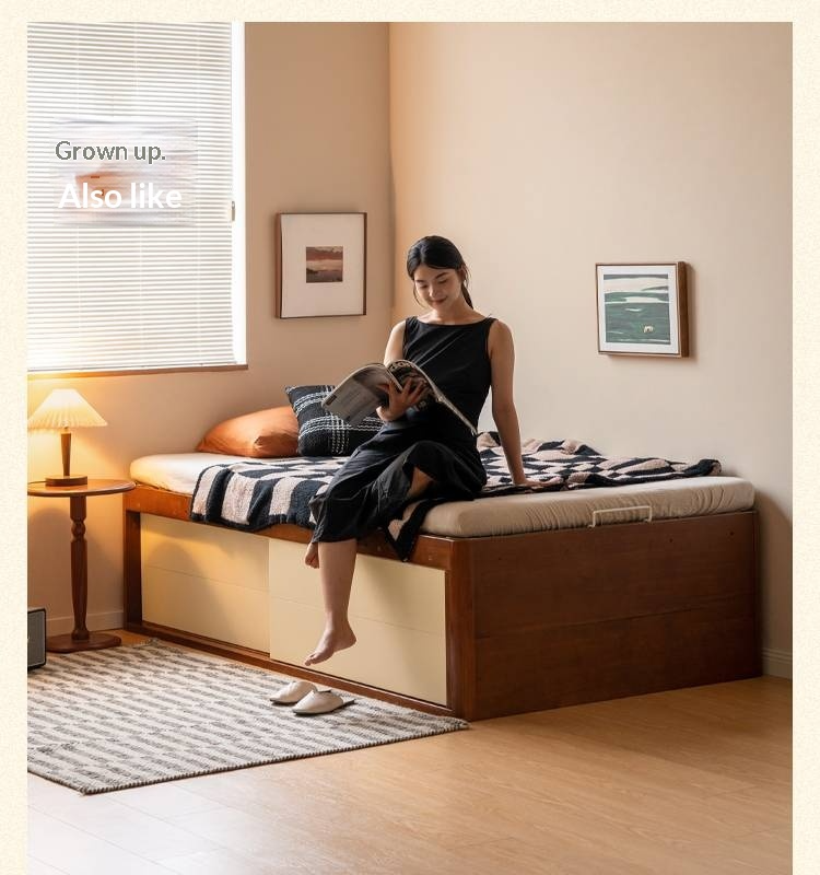 Rubberwood Solid Wood Kids’ Platform Bed and Hidden Storage