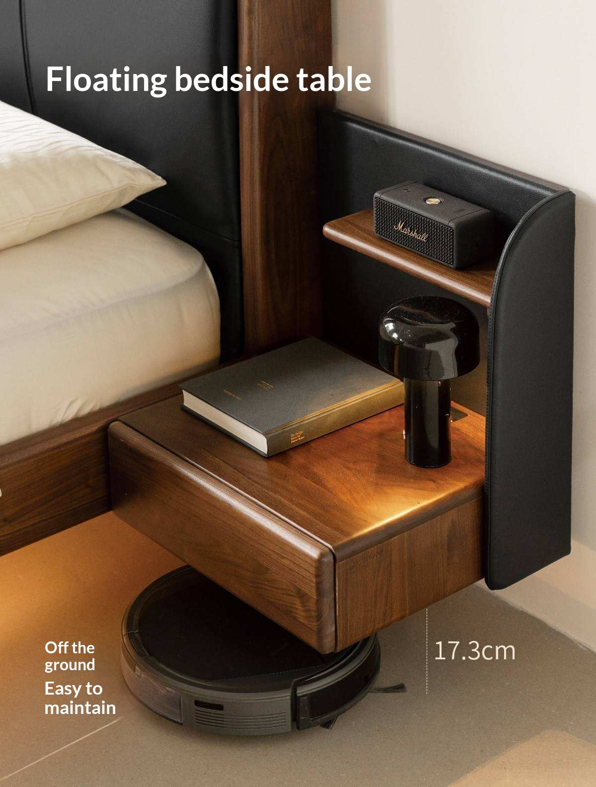 Black Walnut Solid Wood Genuine Leather Curved Leather Bed with Floating Base and LED Lighting
