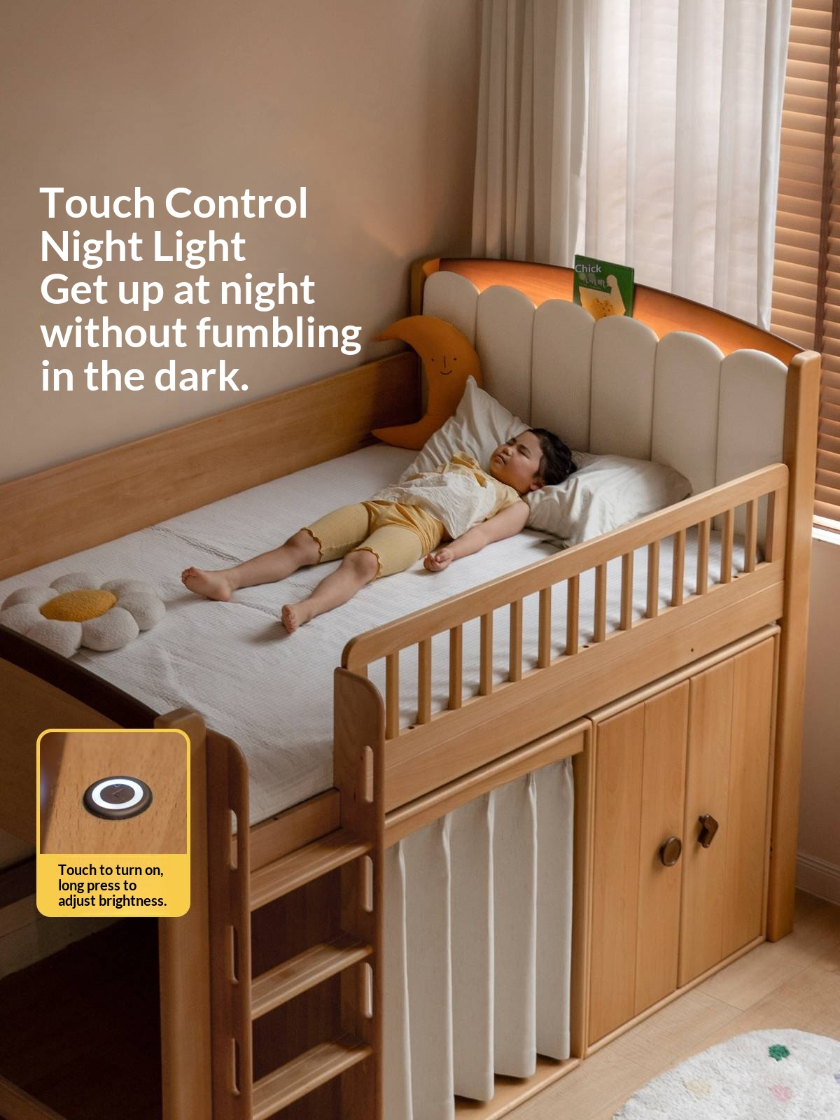 Beech Solid Wood Children's Soft Backrest Storage Loft Bed with Night Light