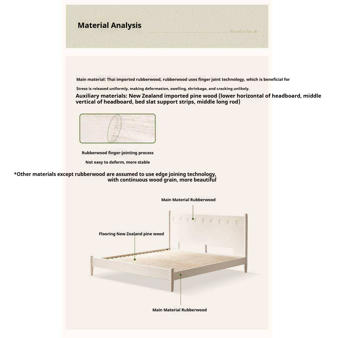 Rubberwood Solid Wood Platform Bed with Carved Dot Headboard and Spindle Legs
