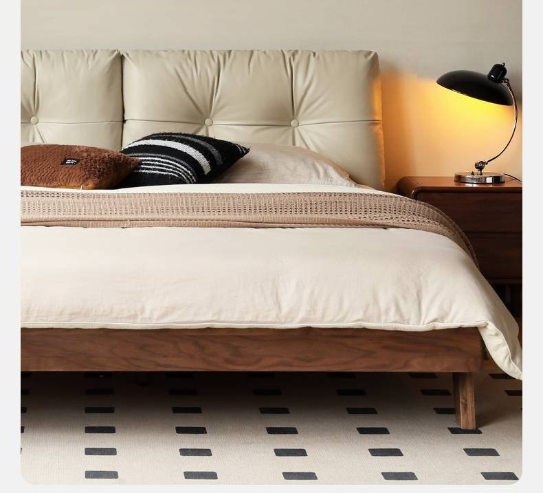 Black Walnut Solid Wood Bed with Top Genuine Leather Upholstery and Nordic High Headboard