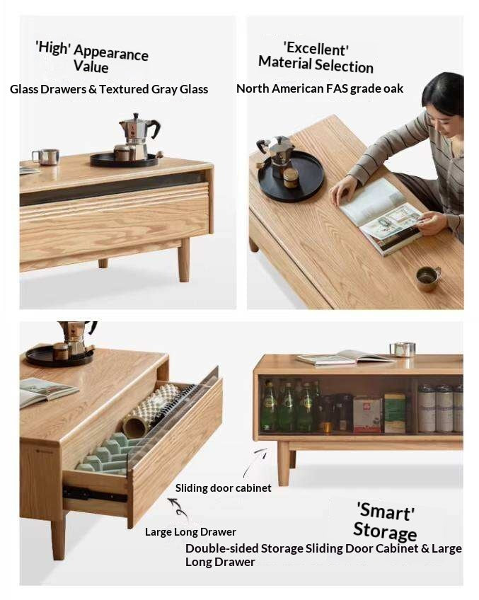 Oak Solid Wood Coffee Table with Integrated Drawer Storage