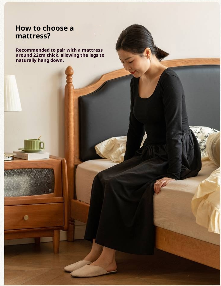 Cherry Solid Wood Soft Backrest Bed, French Retro Style