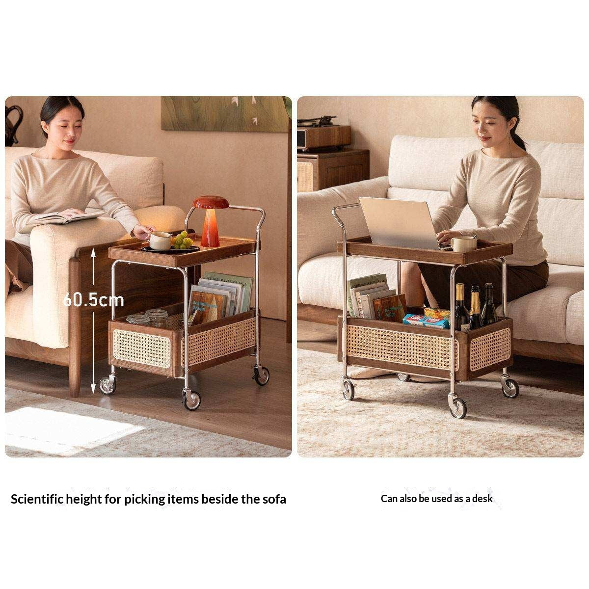 Oak Solid Wood Side Table with Double Layer Storage and Mobile Trolley