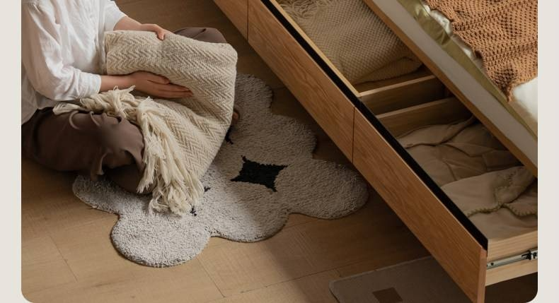 Oak Solid Wood Platform Storage Bed with Hidden Drawers and Bedside Shelf