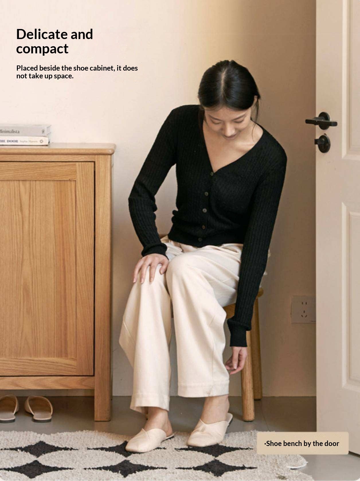 Black Walnut, Oak Solid Wood Low Back Makeup Stool with Round Seat