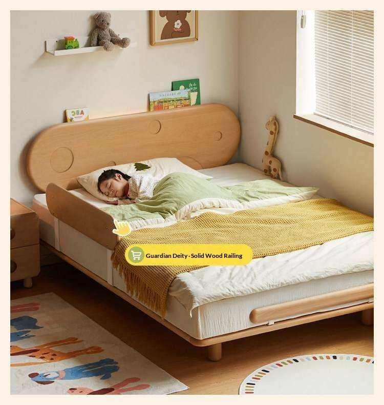 Beech Solid Wood Kids Floating Bed with Night Light and Optional Guardrails