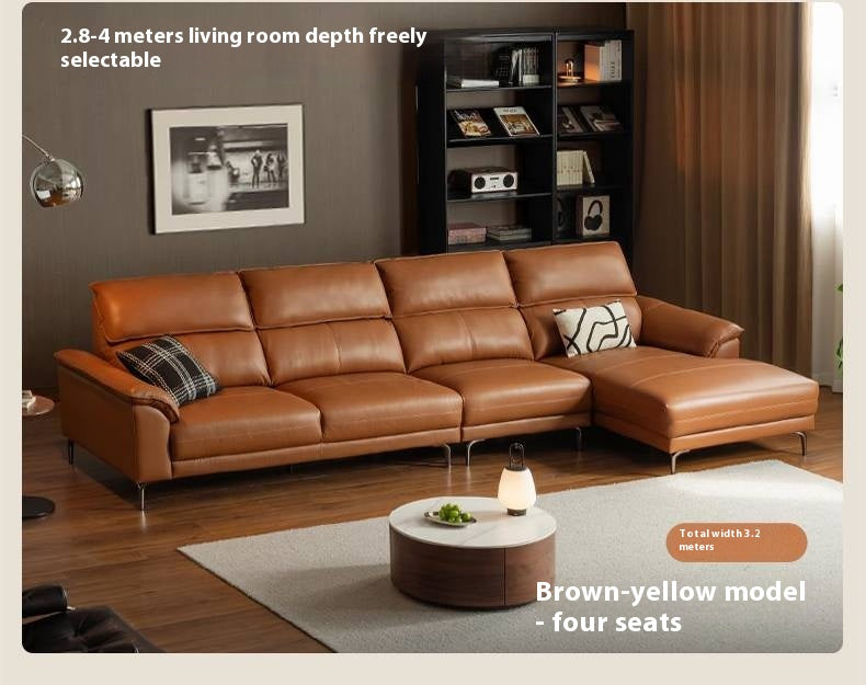 Genuine Leather Italian Minimalist Sectional Sofa – First-Layer Cowhide Corner Sofa with Chaise Lounge