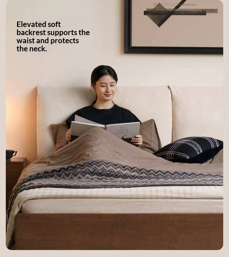 Rubberwood Solid Wood Storage Bed with Lift-Up Platform and Oversized Cushioned Headboard