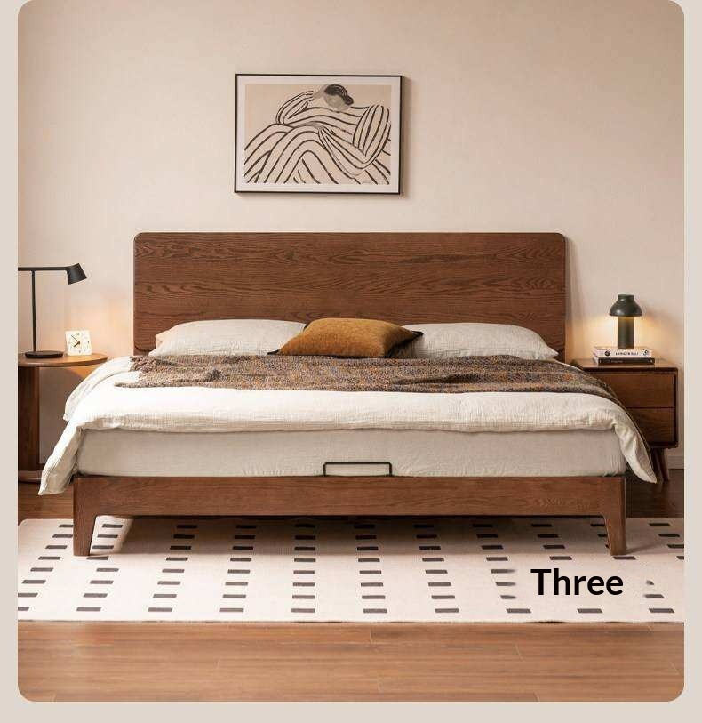 Oak Solid Wood Bed Platform Bed with Rectangular Panel Headboard and Tapered Legs
