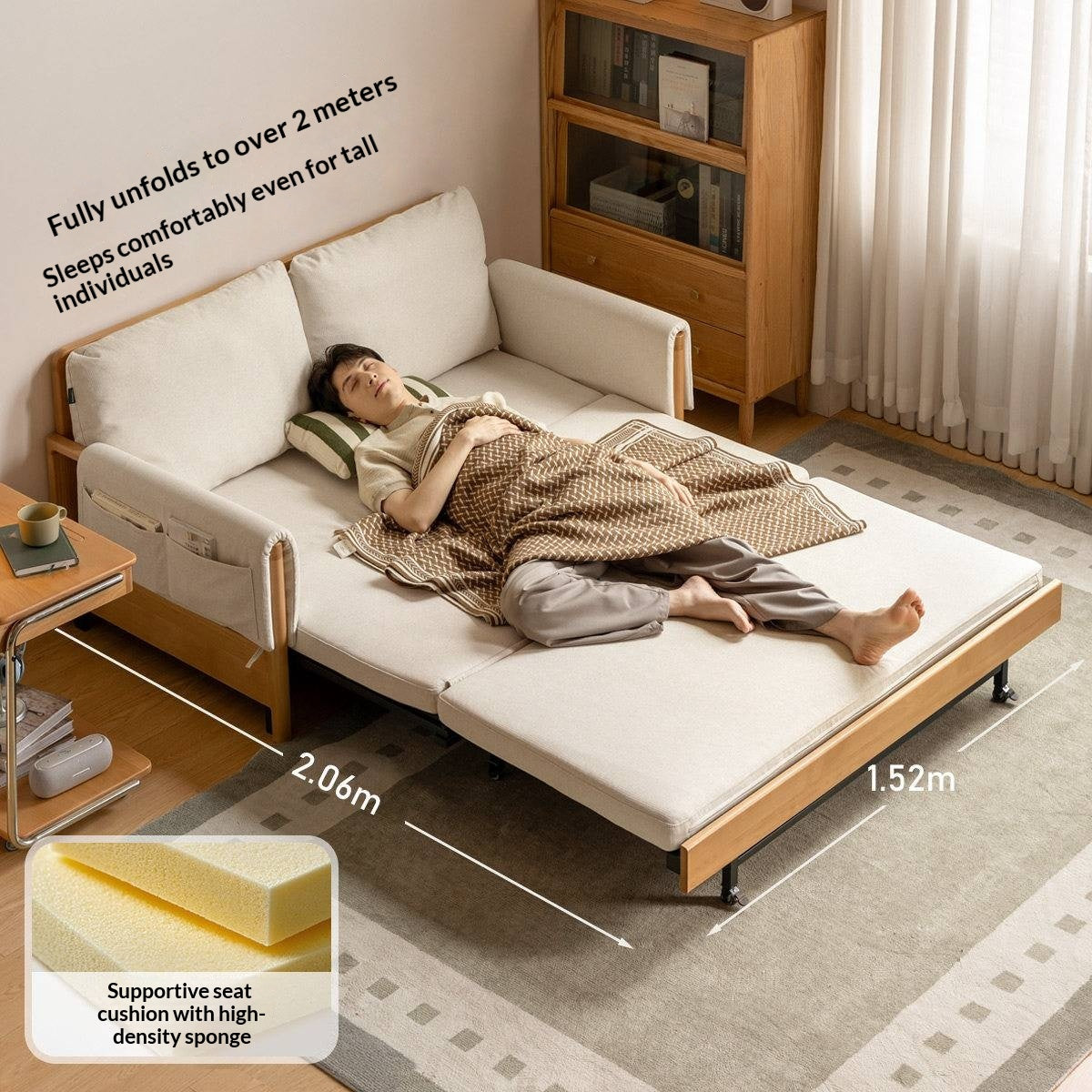 Beech Solid Wood Sleeper Sofa with Pull-Out Bed and Slatted Wood Armrests