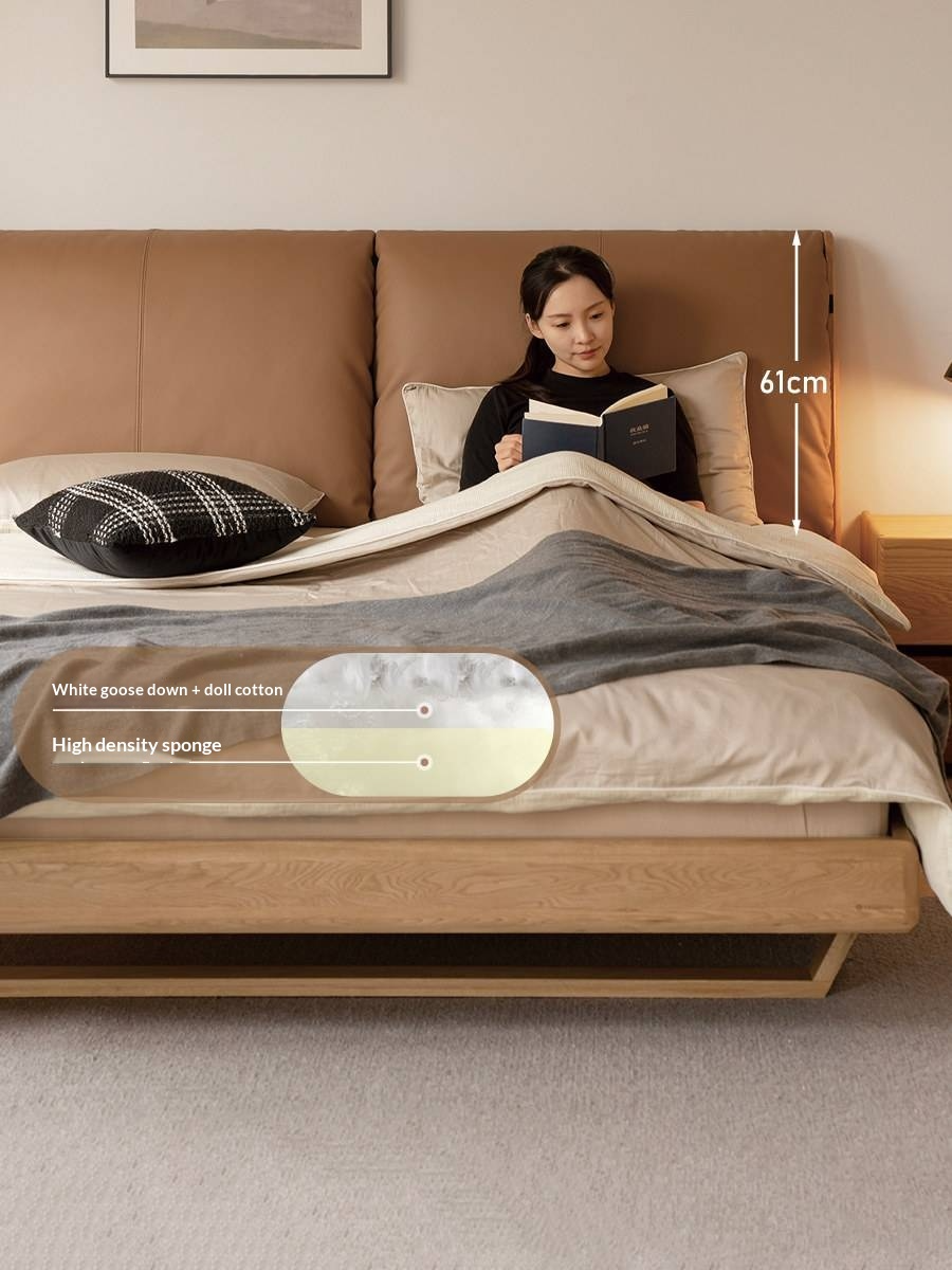 Oak Solid Wood Bed — Modern Minimalist Style with Genuine Leather and Floating Design
