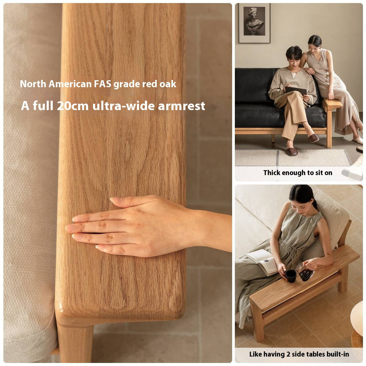 Oak, Ash Solid Wood Wabi Sabi Style Genuine Leather Sofa, fabric sofa