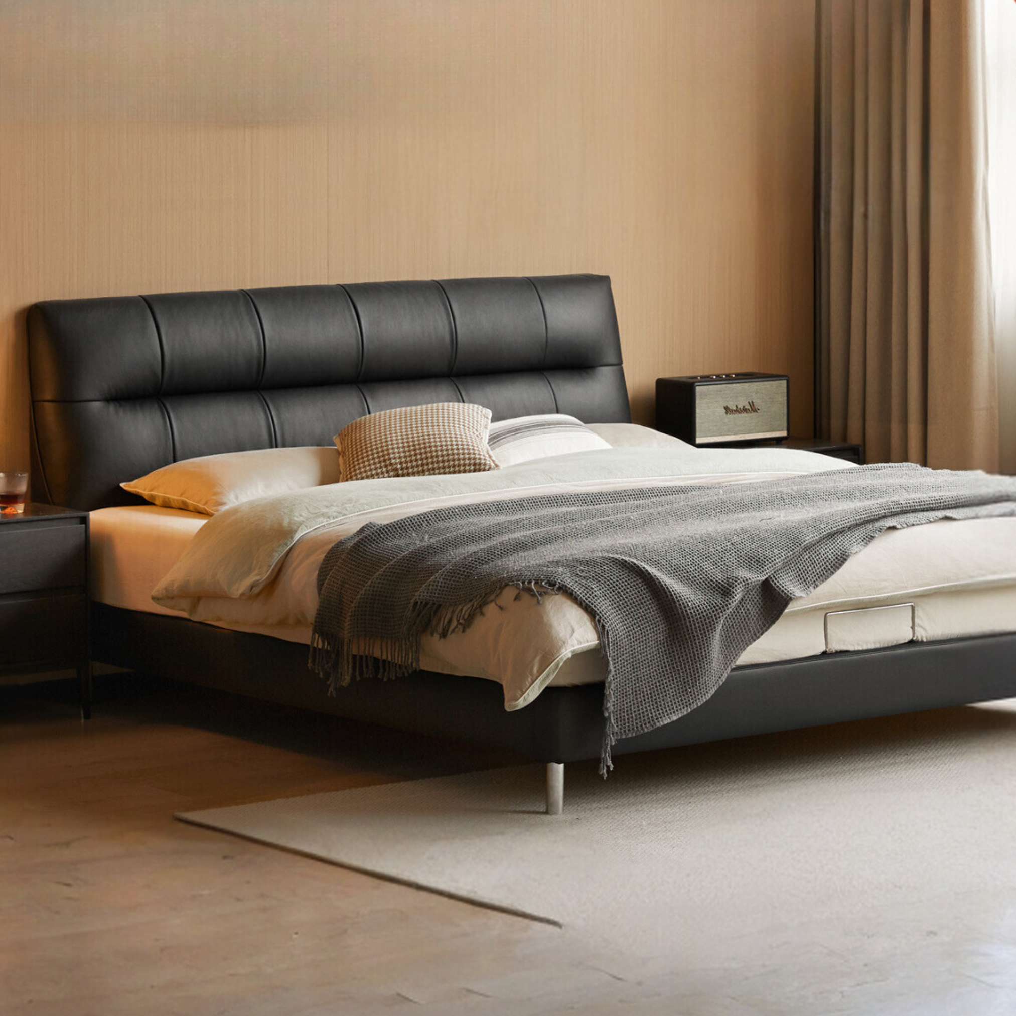 First Layer of Yellow Cowhide Italian Light Luxury Black Bed