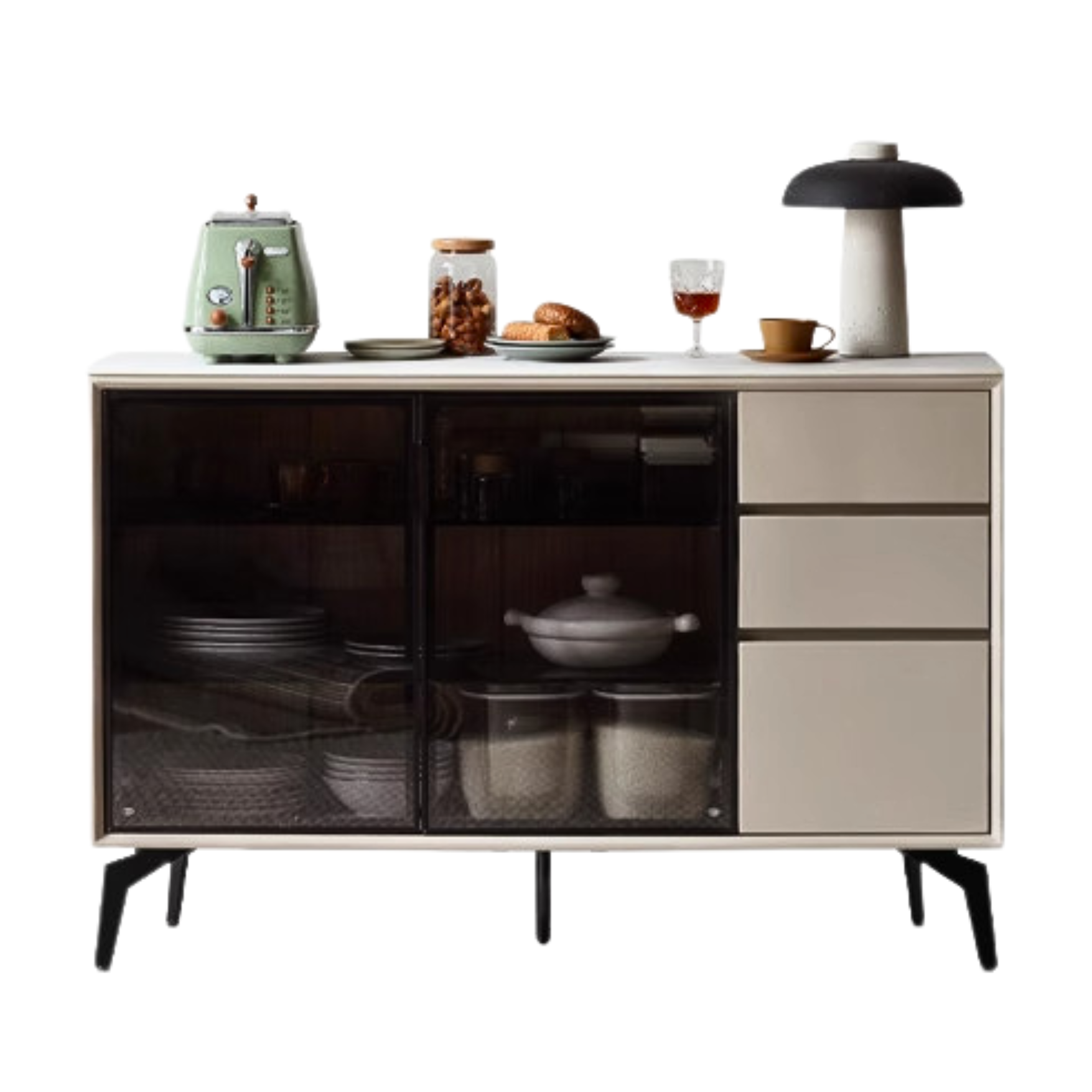 Poplar Solid Wood Rock Board Glass Door Dining Sideboard