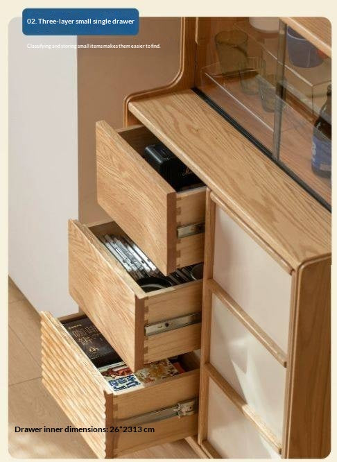 Oak Solid Wood Bar Cabinet with Glass Display and Sliding Doors