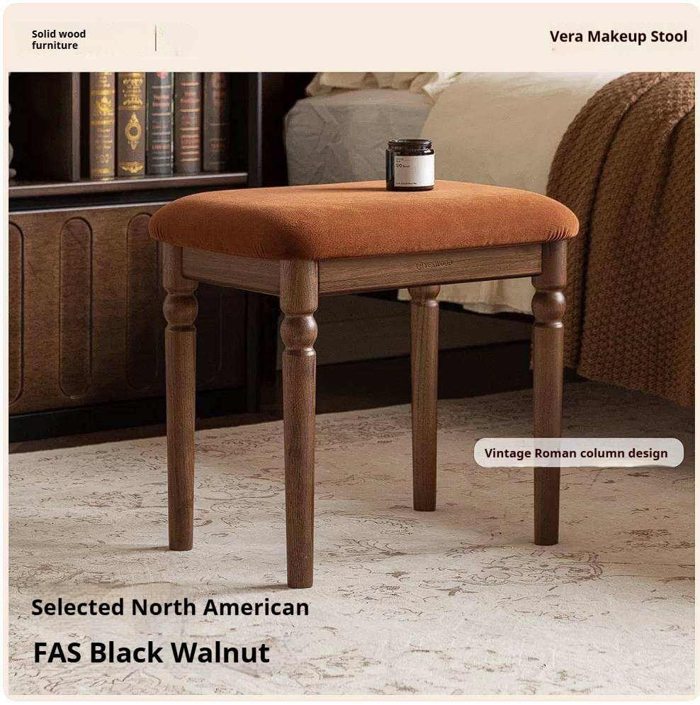 Black Walnut Solid Wood Vintage Vanity Stool with Turned Legs