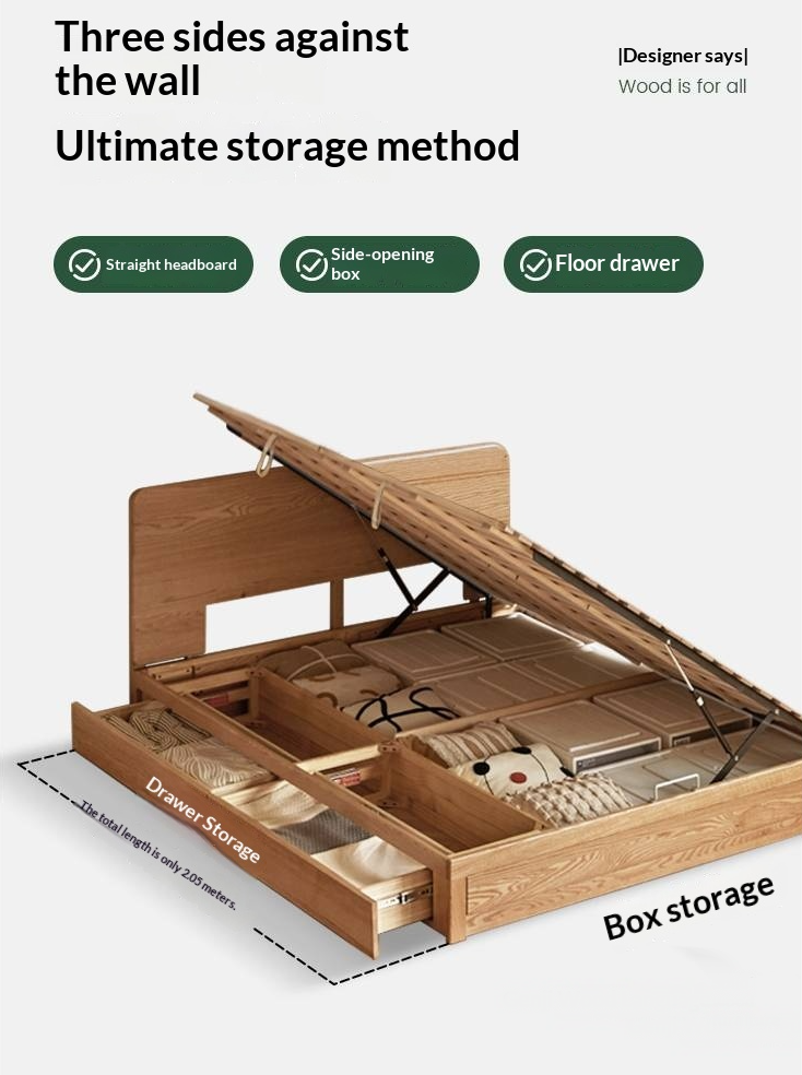 Oak, Ash, Rubberwood Solid Wood Box Bed, Platform Box Bed, Headboard-Free Bed