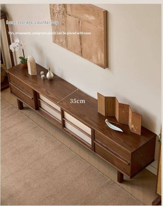 Ash Solid Wood Japanese Shoji-Style TV Console with LED Ambient Lighting