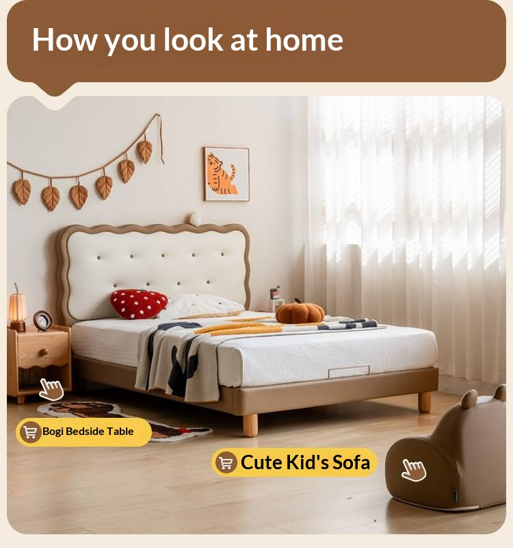 Beech Solid Wood Children's Organic Leather Soft High Headboard Biscuit Bed