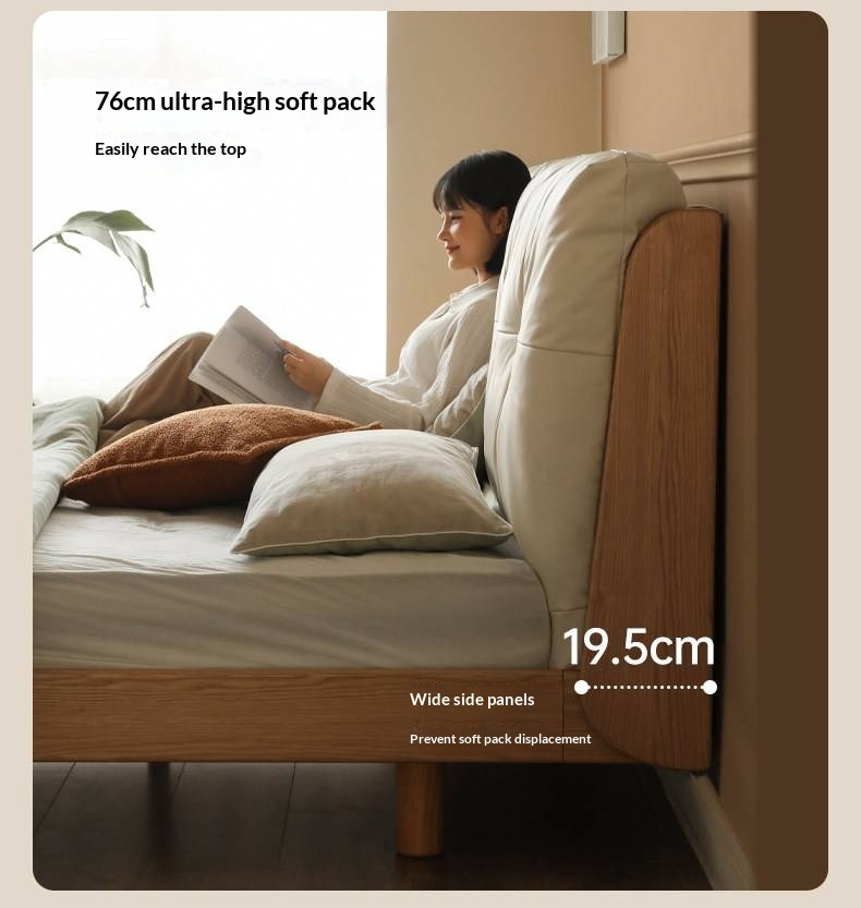 Oak Solid Wood Bed — Modern Minimalist, Genuine Leather Upholstered, Floating Design with Light