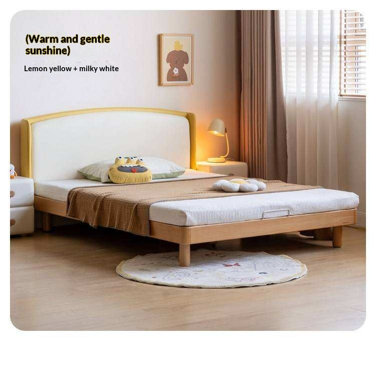 Beech Solid Wood Kids Upholstered Low Platform Bed with Curved Headboard