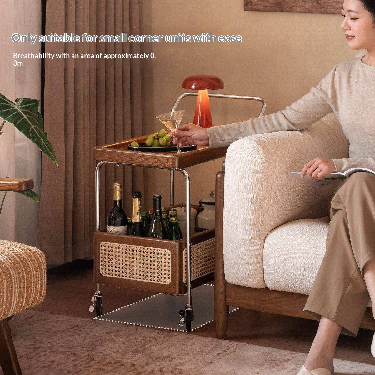 Oak Solid Wood Side Table with Double Layer Storage and Mobile Trolley