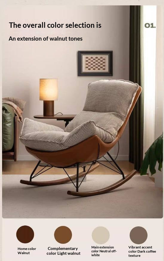 Beech Solid Wood Mid-Century Rocking Accent Chair with Houndstooth Cushion