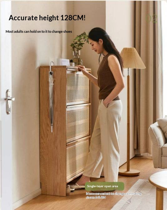 Oak Solid Wood Shoe Cabinet with Modern Minimalist Flip Door, Rattan Accents