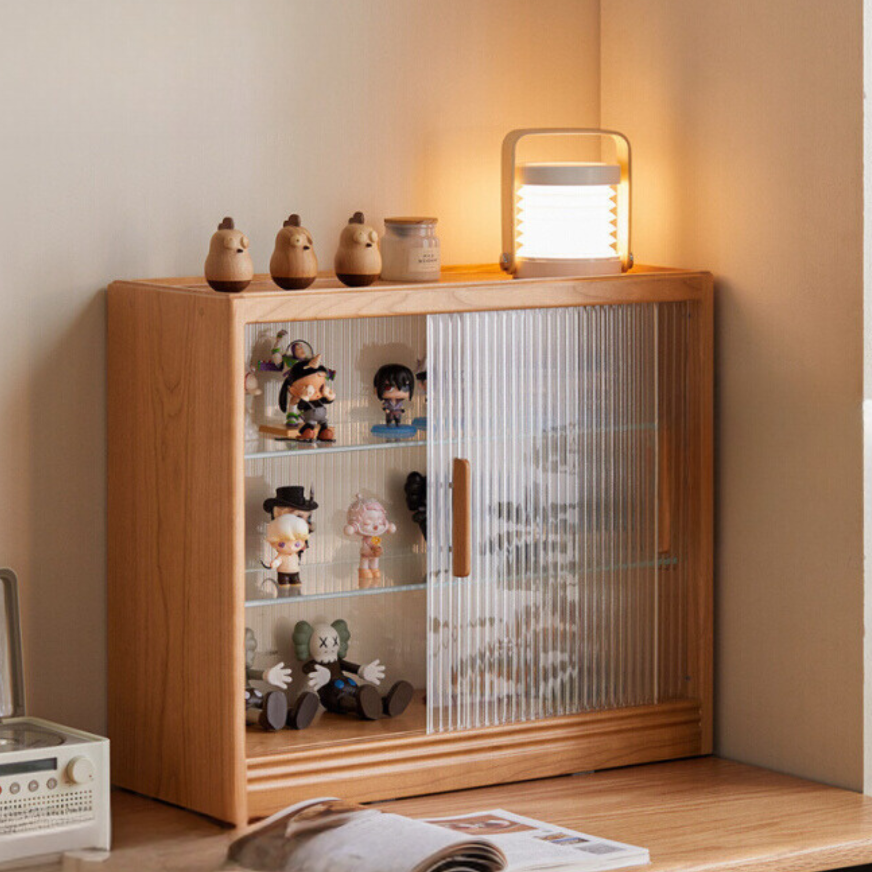 Cherry Solid Wood Glass Sliding Door Storage Cabinet.
