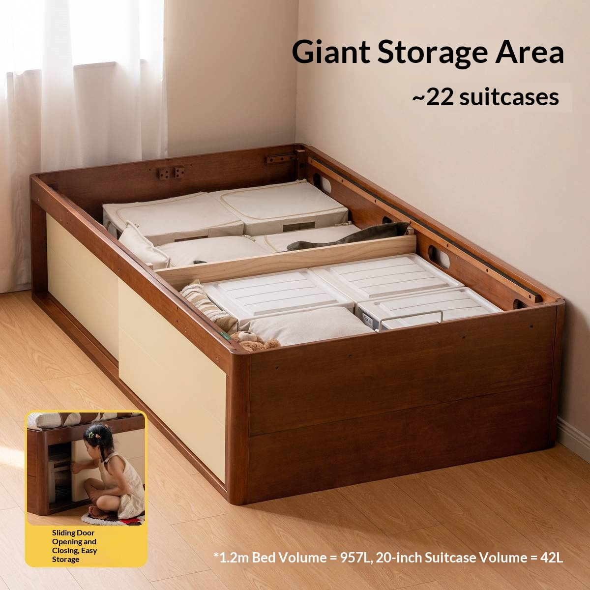 Rubberwood Solid Wood Kids’ Platform Bed and Hidden Storage