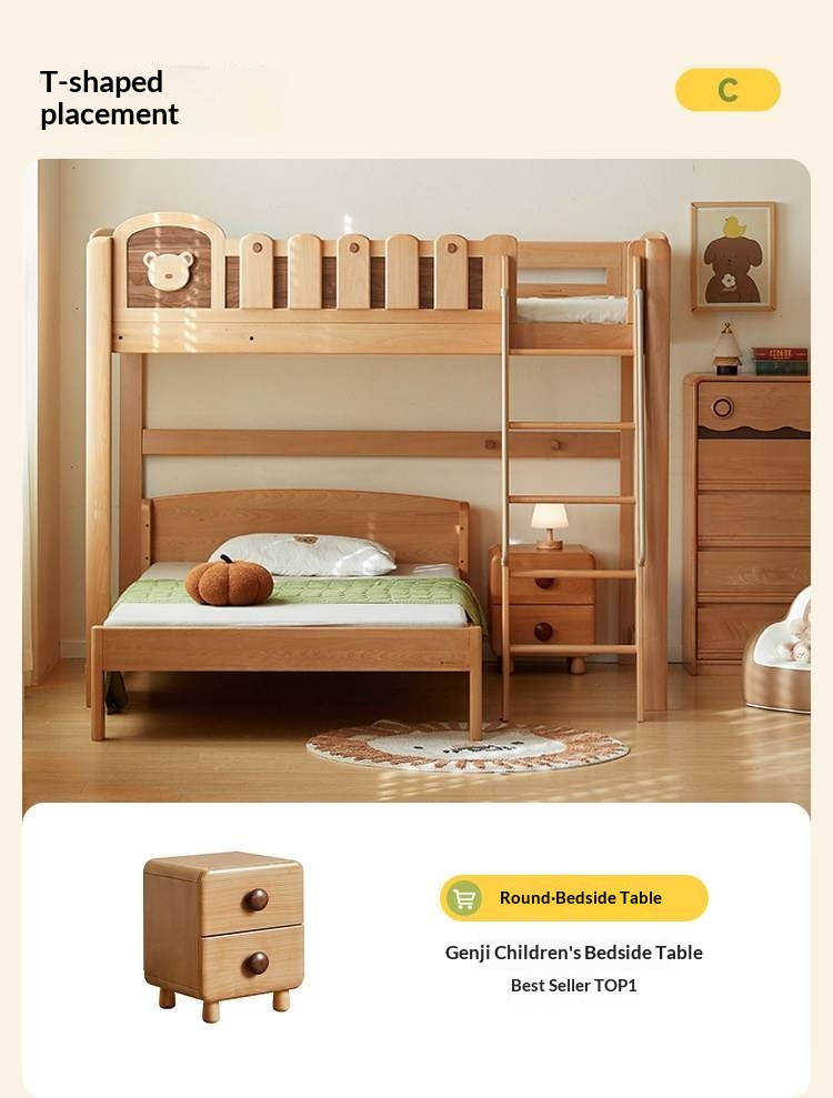 Beech Solid Wood L-Shaped Bunk Bed with Bookshelf Headboard and Detachable Guardrail