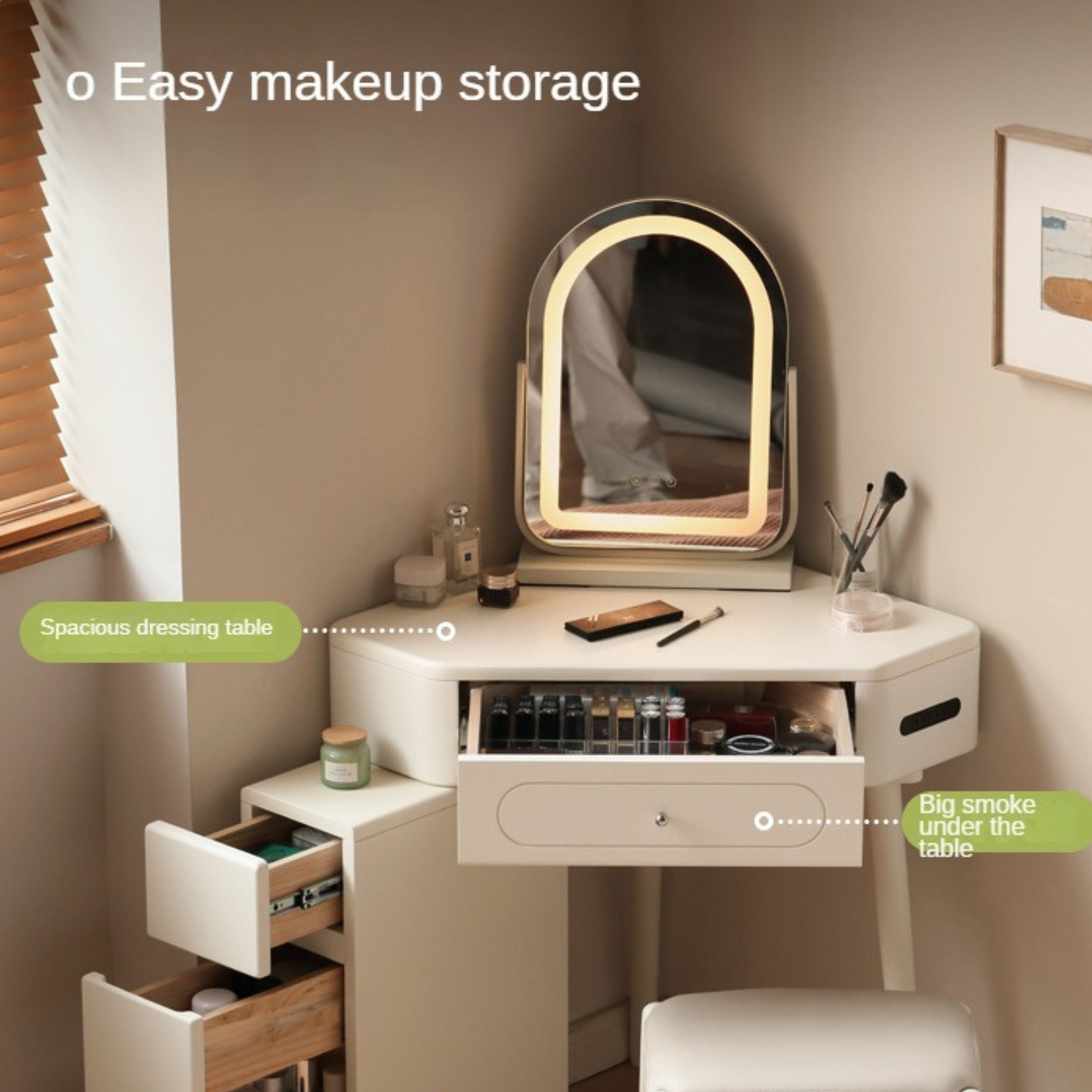 Tulipwood Solid Wood Corner White Vanity Table.