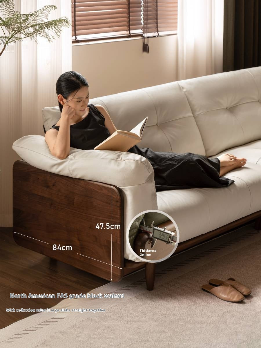 Black Walnut, Oak Solid Wood Genuine Leather Sofa Italian-Inspired